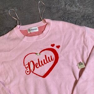 No Boundaries Delulu Heart Graphic Pink Knit Sweater Womens Medium NWT